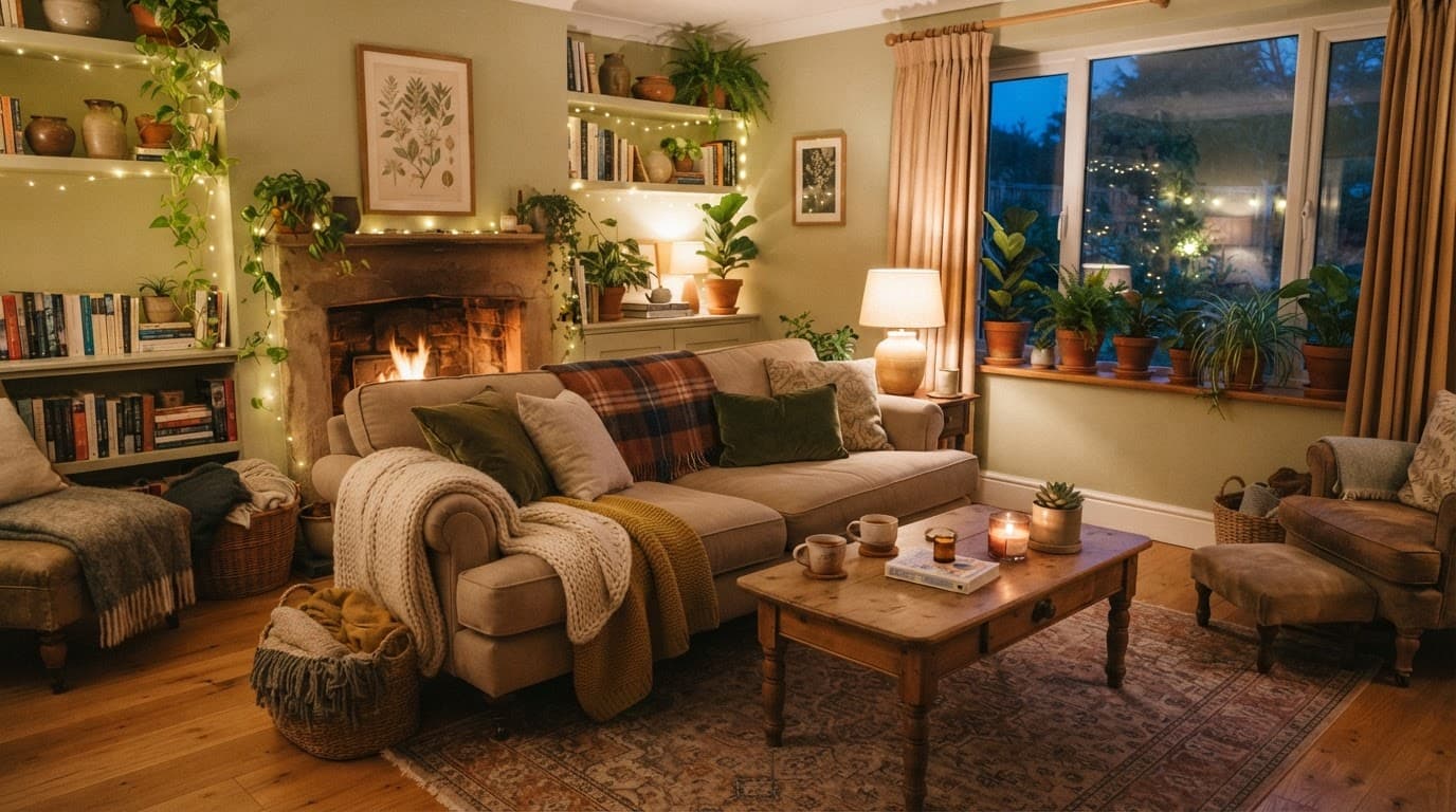 A warmly lit living room with blankets, a sofa, and leafy houseplants.