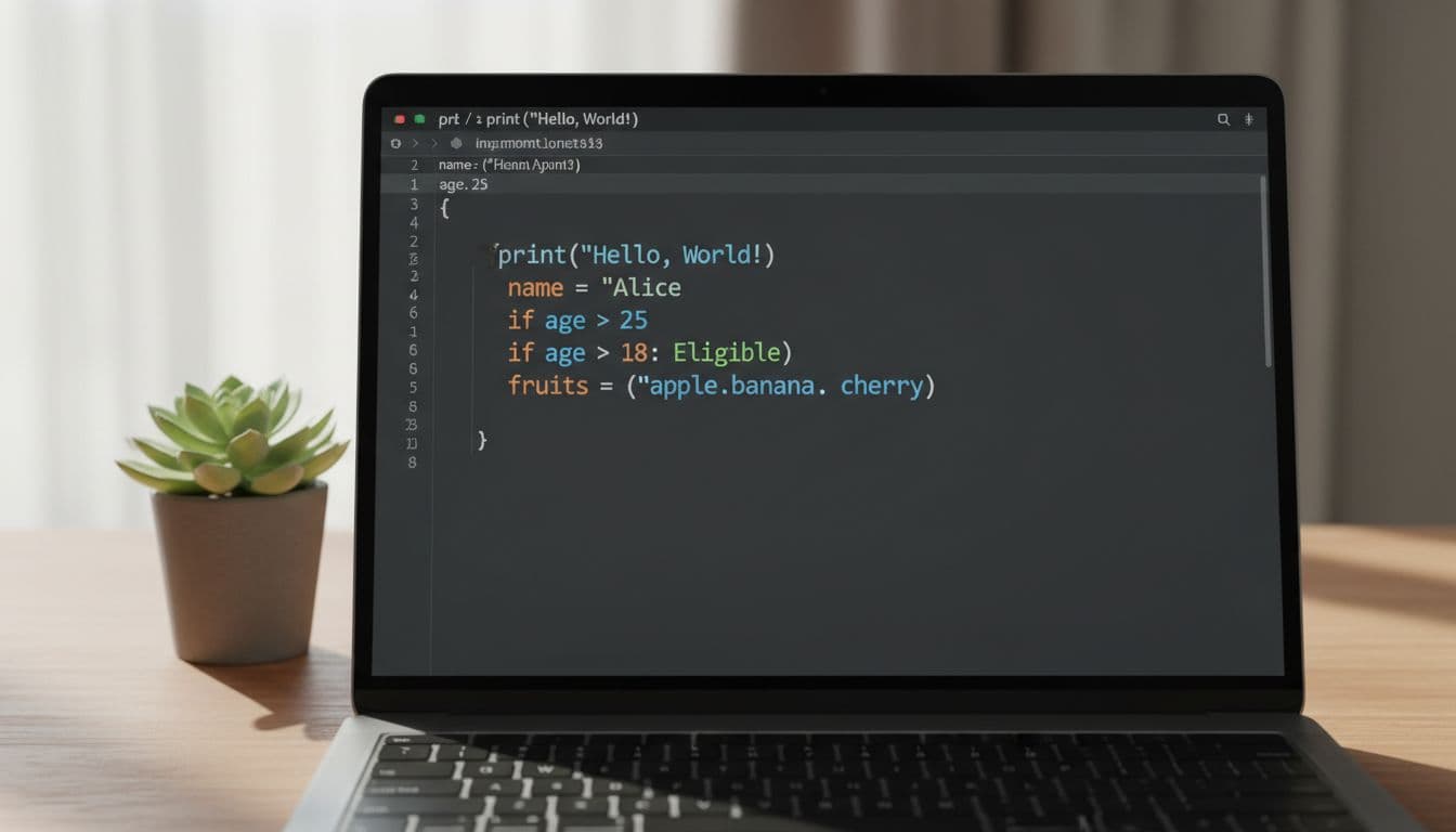 Laptop screen close-up shows simple Python print, variable, if statement, and list in dark mode editor on wooden desk with plant.