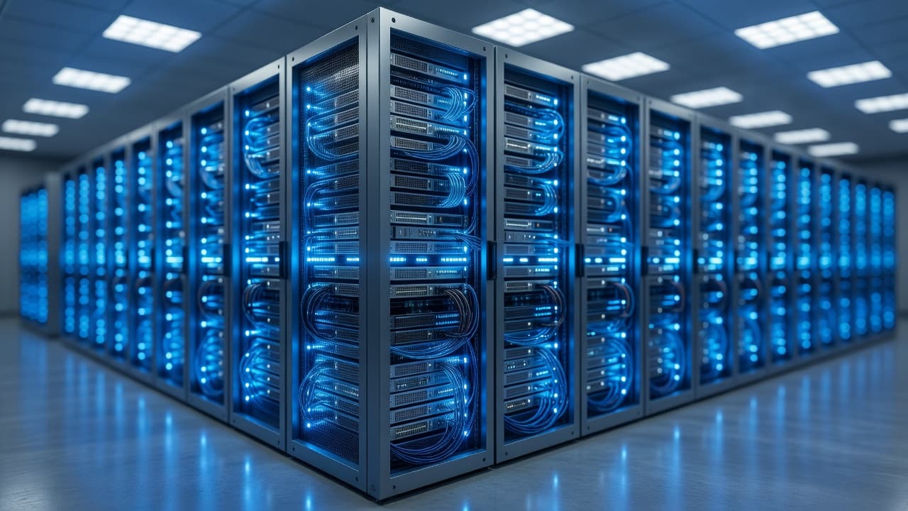 Rows of server racks glowing with blue lights inside a modern data center.