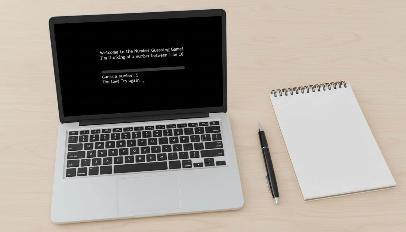 Laptop screen shows Python terminal with guessing game: 'Guess a number between 1 and 10', user guess, 'Too low!' message; desk with notepad and pen.