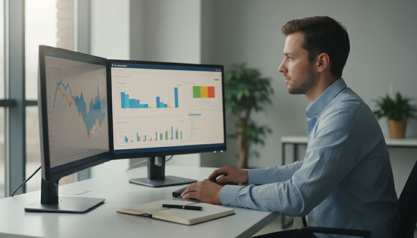 A focused professional in a modern office analyzes charts on dual monitors, one displaying Google Analytics impressions drop and clicks, the other Search Console core web vitals, with a notebook and pen on the desk under soft window light.