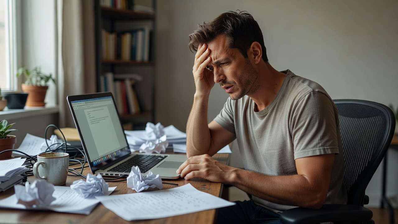 A stressed professional sits at a cluttered wooden desk, rubbing their forehead in frustration. Sunlight streams from a nearby window, highlighting scattered paperwork and a laptop screen left mostly blank.