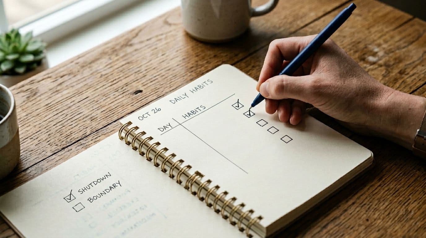A simple paper planner rests on a wooden table as a hand uses a pen to check off daily habit boxes like shutdown and boundary, illuminated by soft side daylight in a clean, focused composition.
