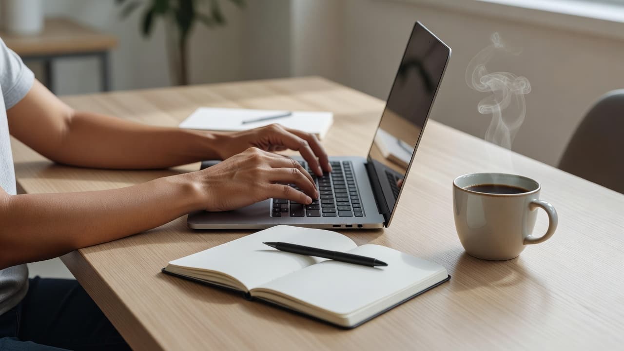 A focused entrepreneur types on a sleek laptop atop a clutter-free desk surface. A notebook and steaming coffee mug sit alongside, bathed in the soft glow of bright, natural window light.