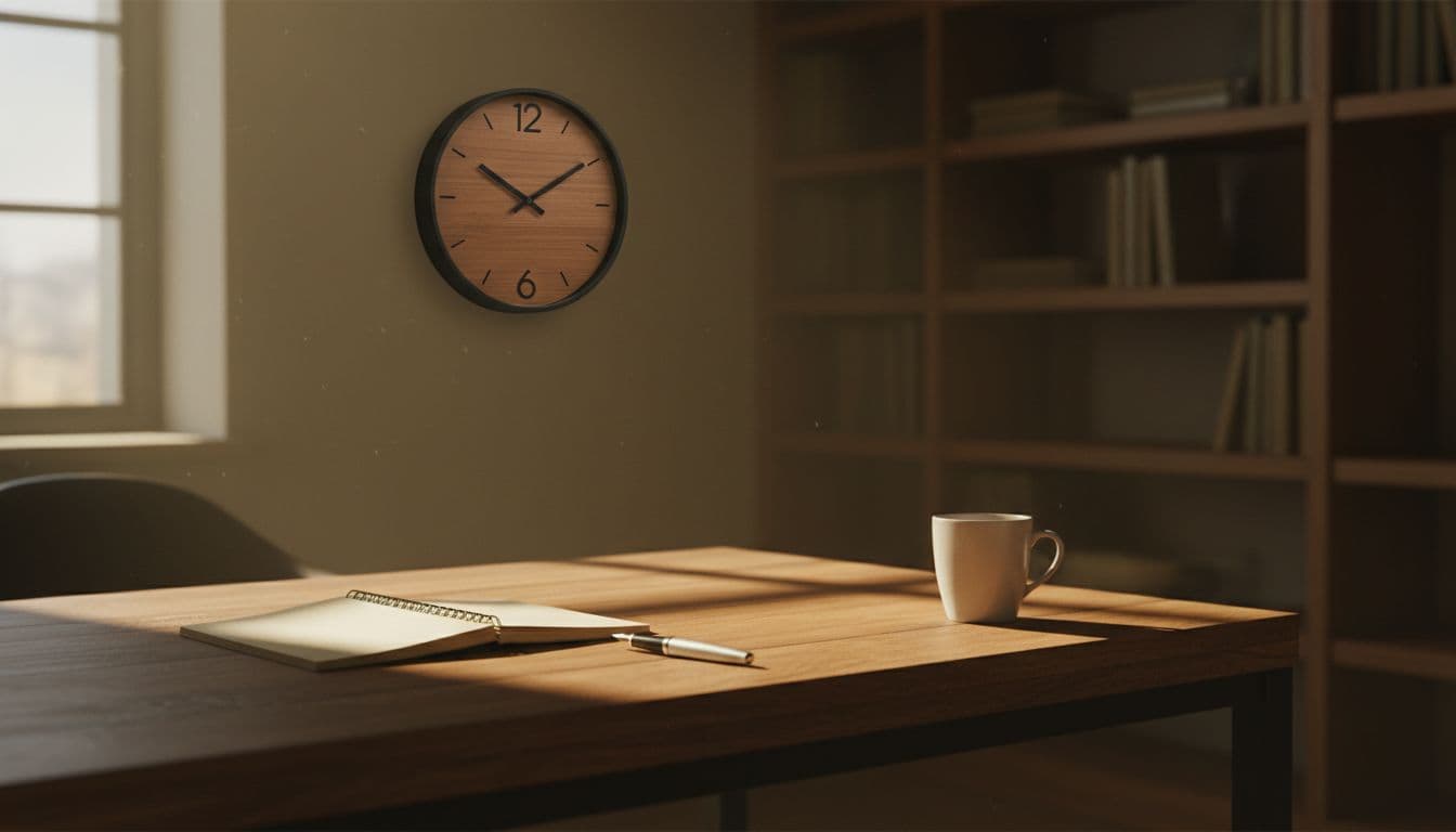 Wall clock displaying 2 PM on a modern wooden desk with open notebook, resting pen, and empty white coffee mug pushed to the edge, soft afternoon daylight from window, blurred bookshelf background in home office, cinematic style with dramatic lighting and warm tones.