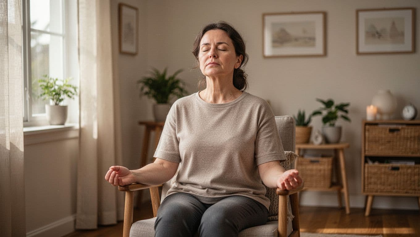 A single adult sits comfortably on a chair in a serene home setting, eyes closed with hands relaxed on lap and a calm expression, gently illuminated by soft natural daylight from a window in realistic photography style.