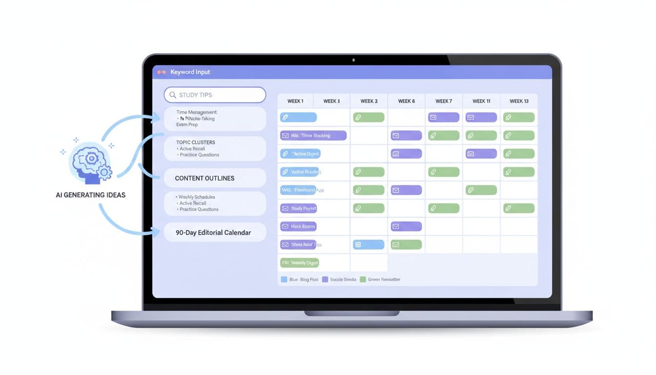 Laptop screen showing an AI dashboard turning keywords into a 90-day editorial calendar
