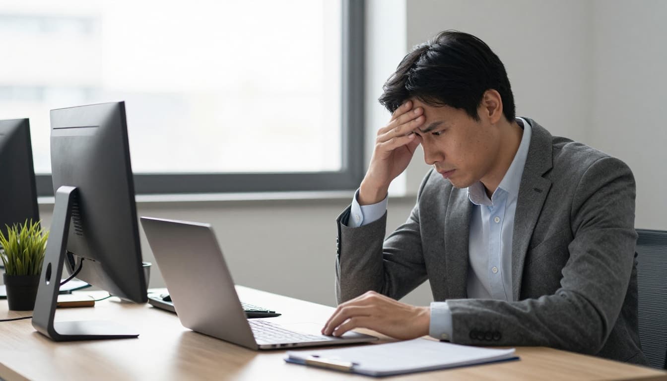 A mid-30s professional in business casual attire sits at a clutter-free office desk, looking anxious with forehead in hand, open laptop and notebook nearby, daylight window behind, realistic photo in calm tones.