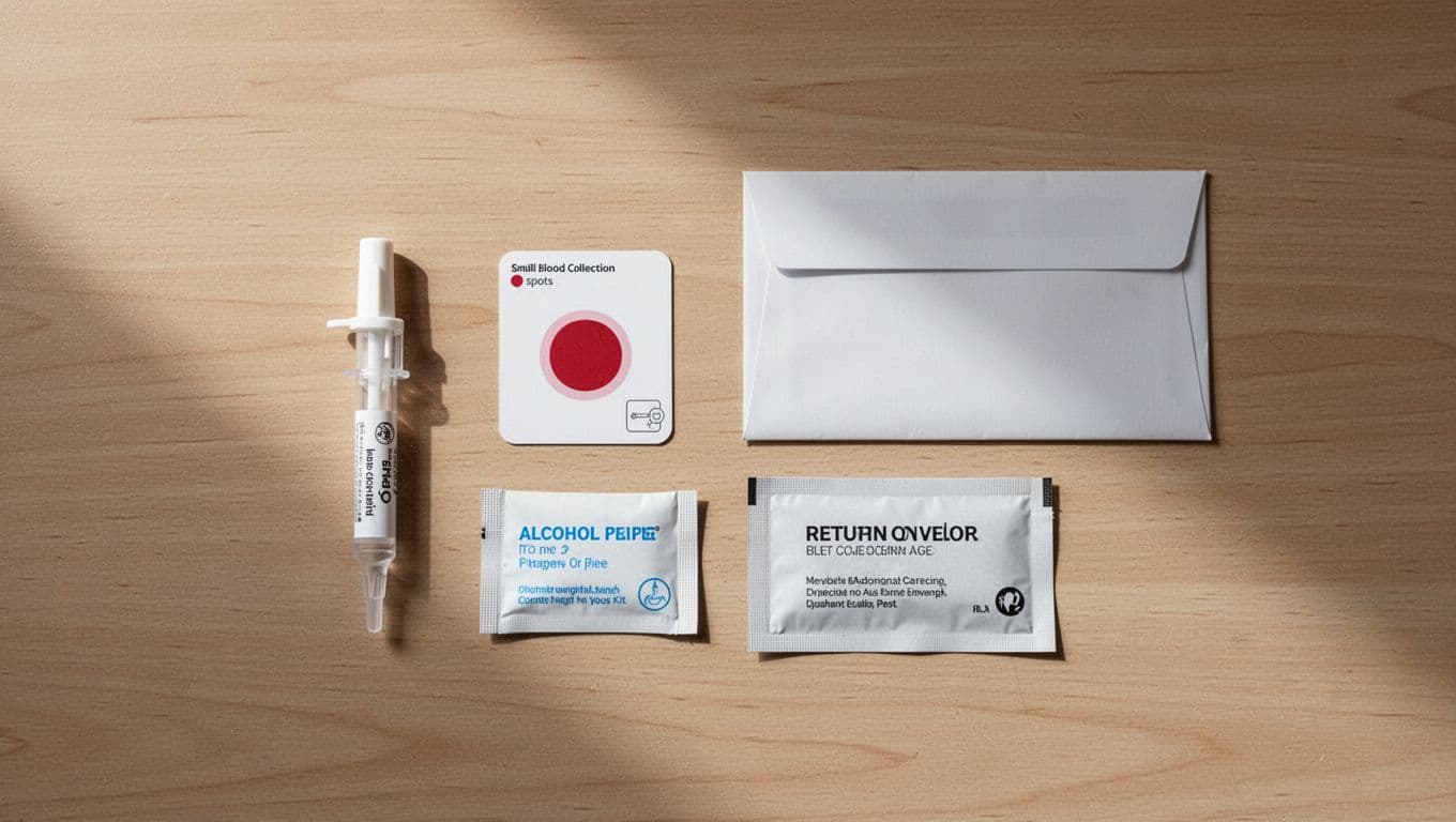 Top-down flatlay of biological age test kit parts: finger-prick lancet, blood collection card, alcohol wipe, and return envelope on a wooden table with soft natural light.