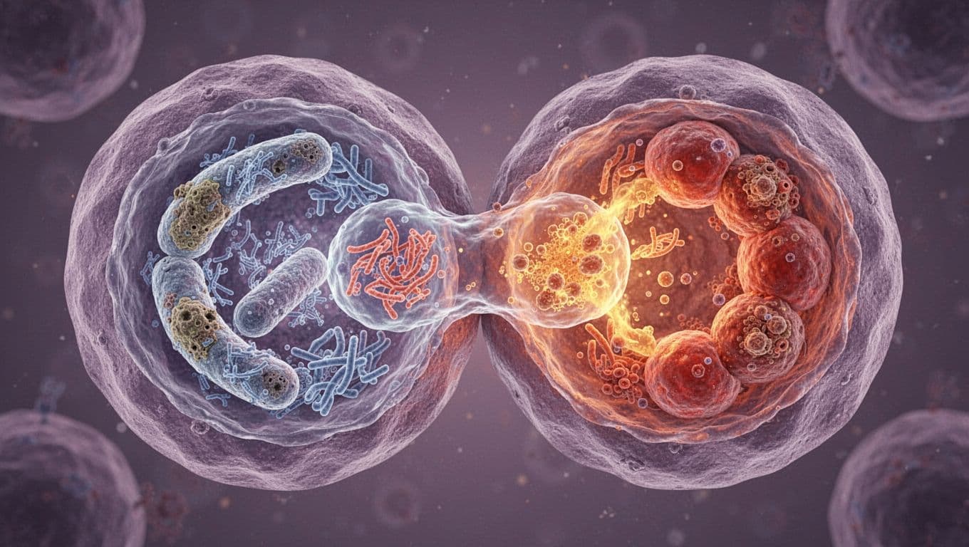 Close-up view of autophagy in human cells: damaged mitochondria and proteins inside autophagosomes merging with lysosomes for degradation and recycling, detailed biological illustration at zoomed cellular level with soft purple and orange lighting.