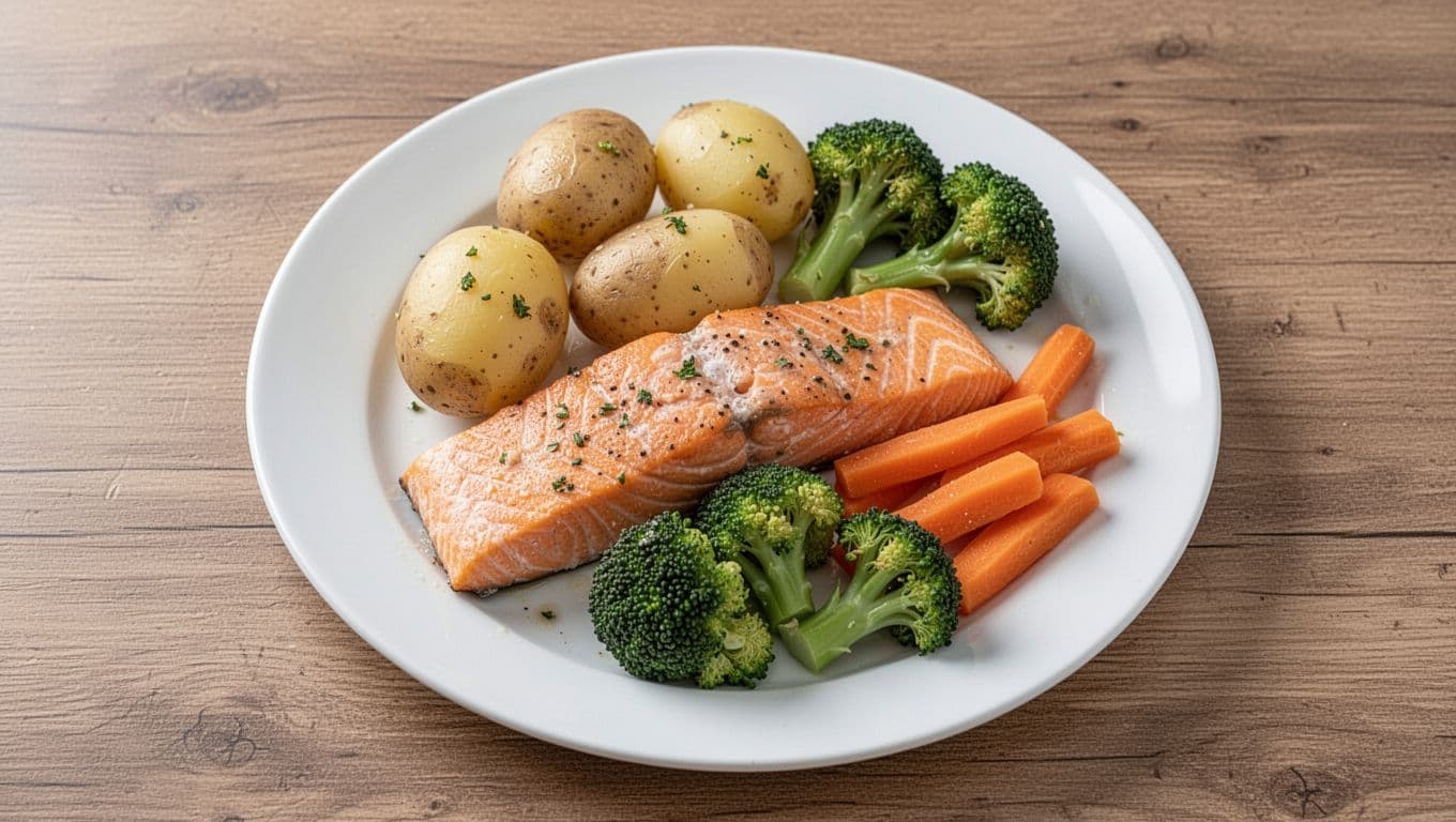 Balanced dinner plate featuring baked salmon fillet, boiled potatoes, steamed broccoli and carrots, arranged appetisingly on a white plate in a top-down view on a wooden dining table with natural daylight lighting.