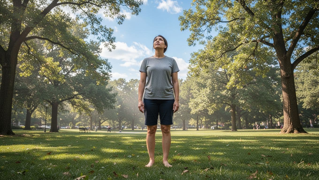 One adult person stands barefoot on green grass in a serene park, feet planted firmly to notice ground contact, with a gentle upward gaze at trees and blue sky, relaxed arms at sides, under soft morning sunlight filtering through leaves, in realistic outdoor photograph style with natural colors.