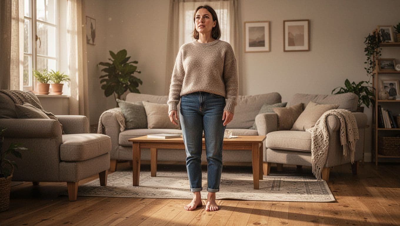 A single person stands barefoot on a wooden floor in a cozy living room, pressing feet down for grounding with eyes open and hands relaxed, illuminated by soft daylight in photorealistic warm tones.