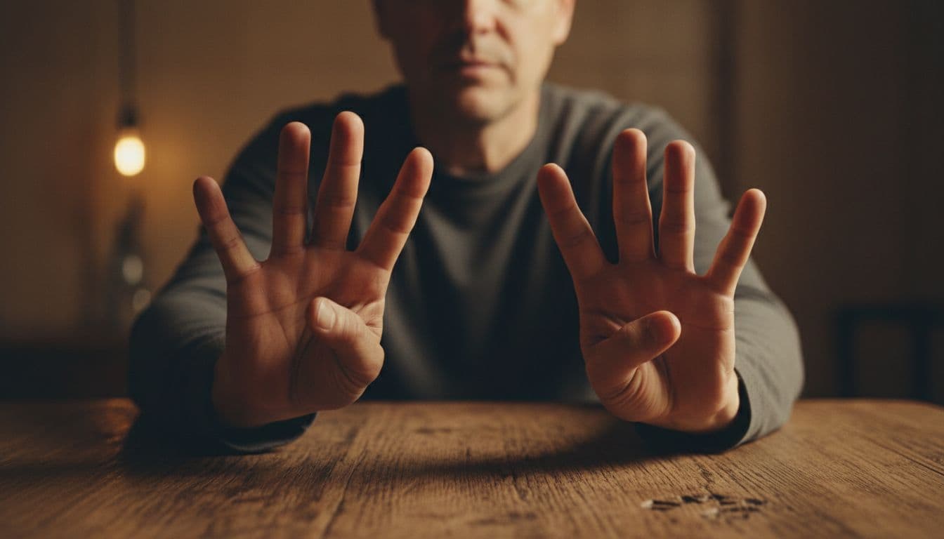 One adult seated at a wooden table performs finger opposition exercise, sequentially touching thumb to index, middle, ring, and pinky fingers on both hands simultaneously with a calm, focused expression. Soft overhead light casts strong shadows for depth in cinematic style with dramatic contrast and warm earthy palette.