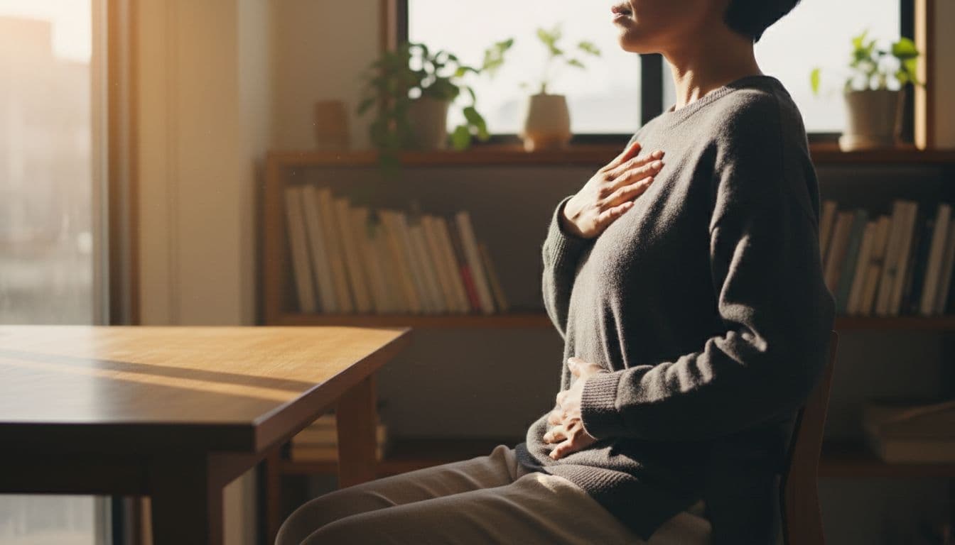 An adult in comfortable attire sits relaxed at a wooden desk in a quiet home office with natural window light, eyes closed practicing box breathing technique, one hand on chest and one on belly, side profile focusing on torso and serene face in cinematic style.