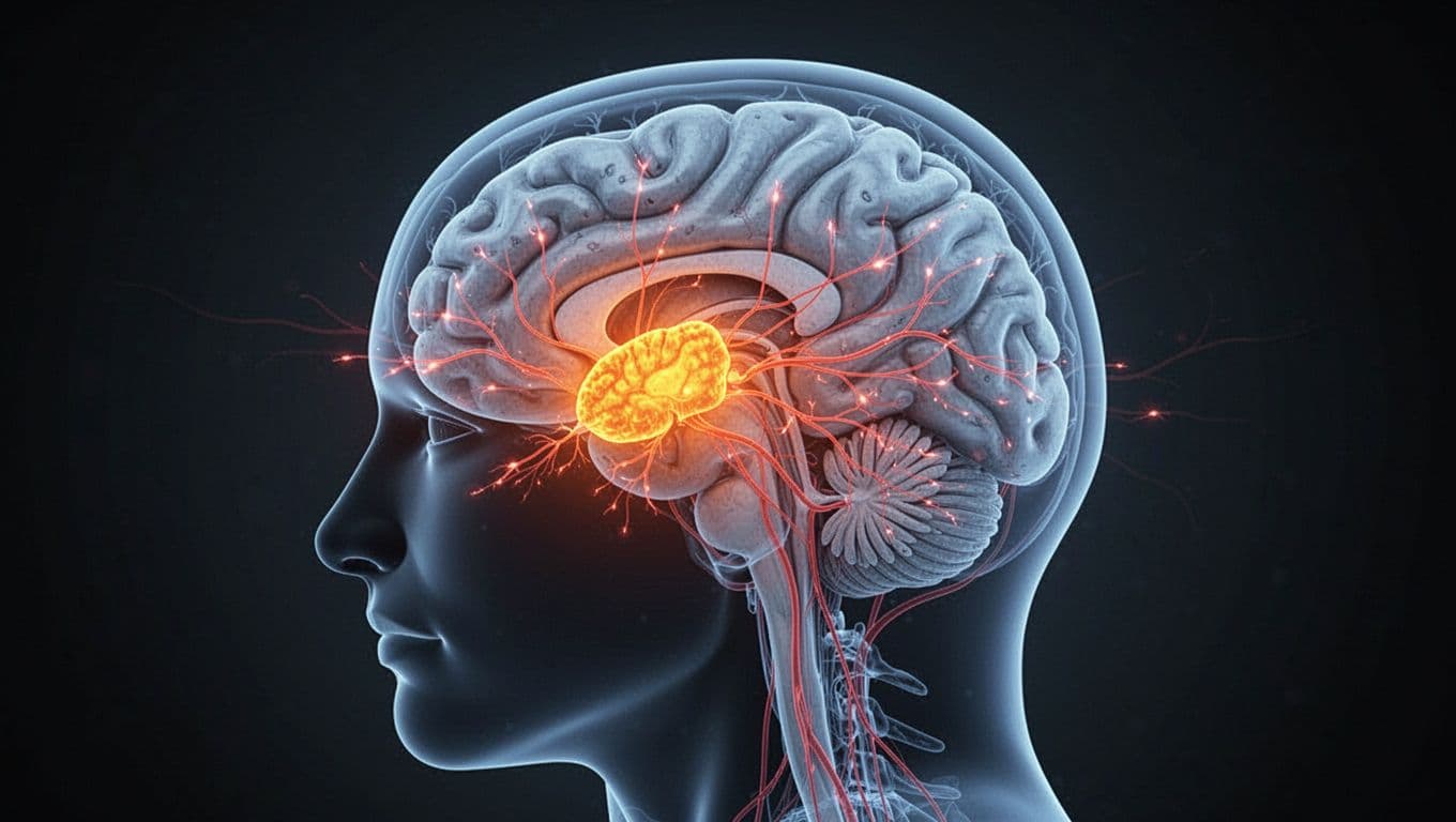 Profile view of a human brain in medical illustration style with amygdala glowing orange for threat detection, prefrontal cortex faded blue indicating reduced function, and shrunken hippocampus.