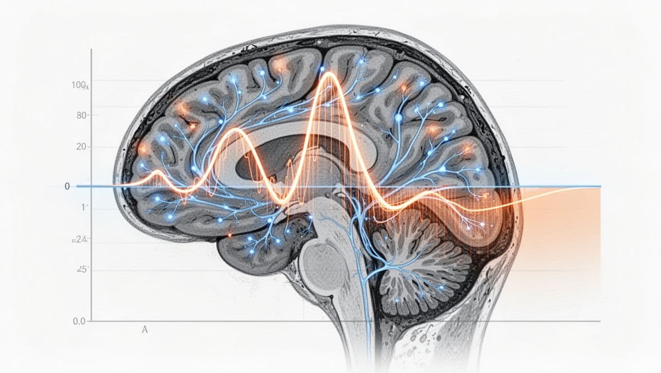 Illustration of a human brain cross-section with glowing neural pathways showing emotional activity as a wave surging up quickly then gradually fading over time, medical diagram style, blue and orange highlights on active areas, clean white background, no text, no people, precise and anatomical.