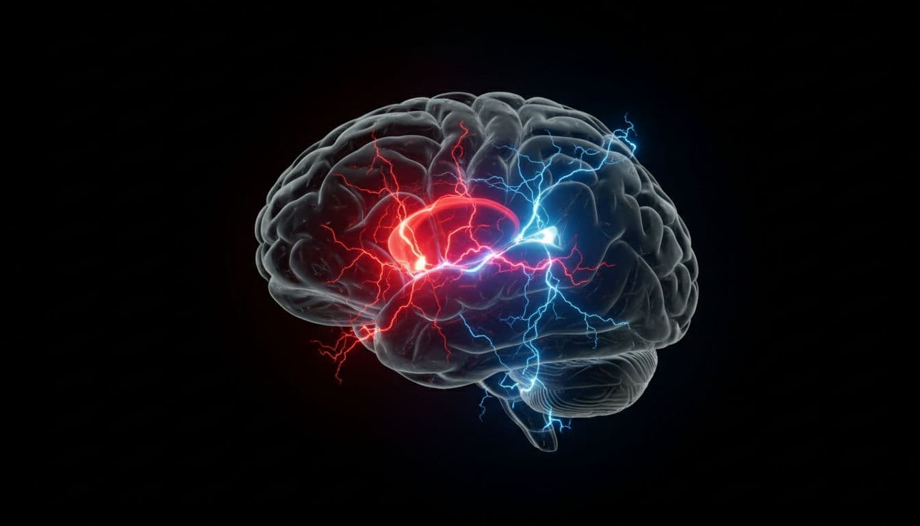 Human brain isolated on dark background with stress response areas glowing red in amygdala and hypothalamus, freeze response highlighted blue in prefrontal cortex, dramatic neural connections in cinematic style.