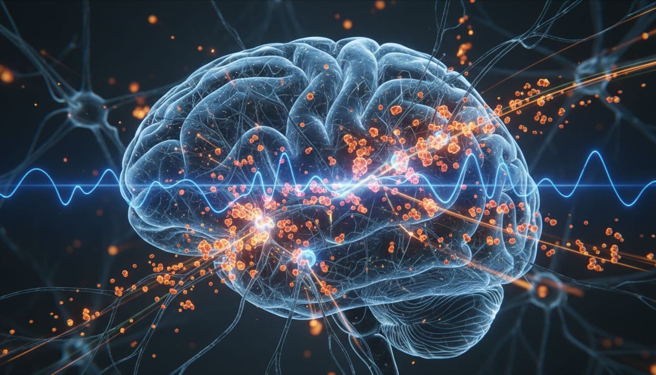 Human brain cross-section illustrating neurons and synapses with glowing blue adenosine waves building up, blocked by orange caffeine molecules at receptors, dynamic energy flow in medically accurate artistic style with strong contrast and cinematic lighting.