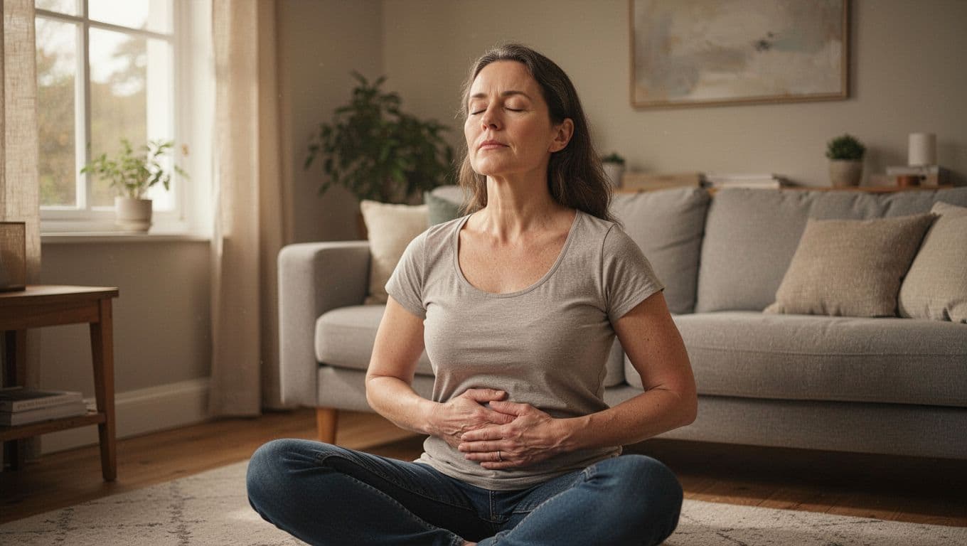 A calm adult sits alone in a quiet living room with eyes closed and hands on abdomen, taking a deep breath in a relaxed posture under soft natural daylight.