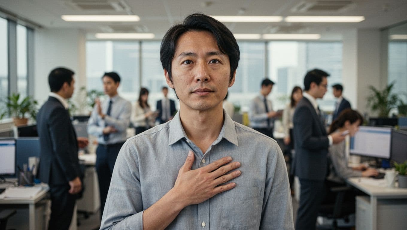 A person stands pausing with hand on chest in a busy office environment, displaying a calm expression with soft-focused eyes amid blurred colleagues in the background, rendered in realistic style with natural lighting.