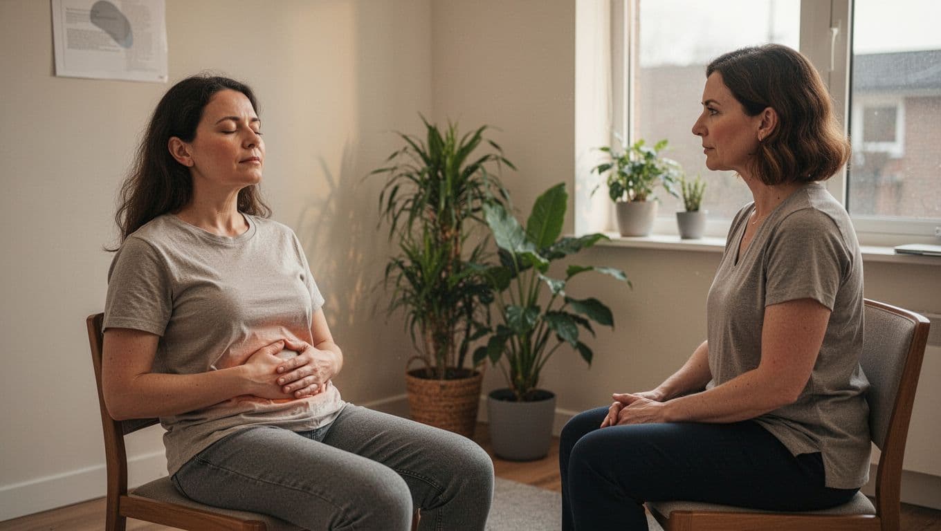 A serene somatic experiencing therapy session in a simple office with a client seated comfortably, eyes closed, hand gently on abdomen tracking sensations, and therapist observing attentively amid natural light and plants.