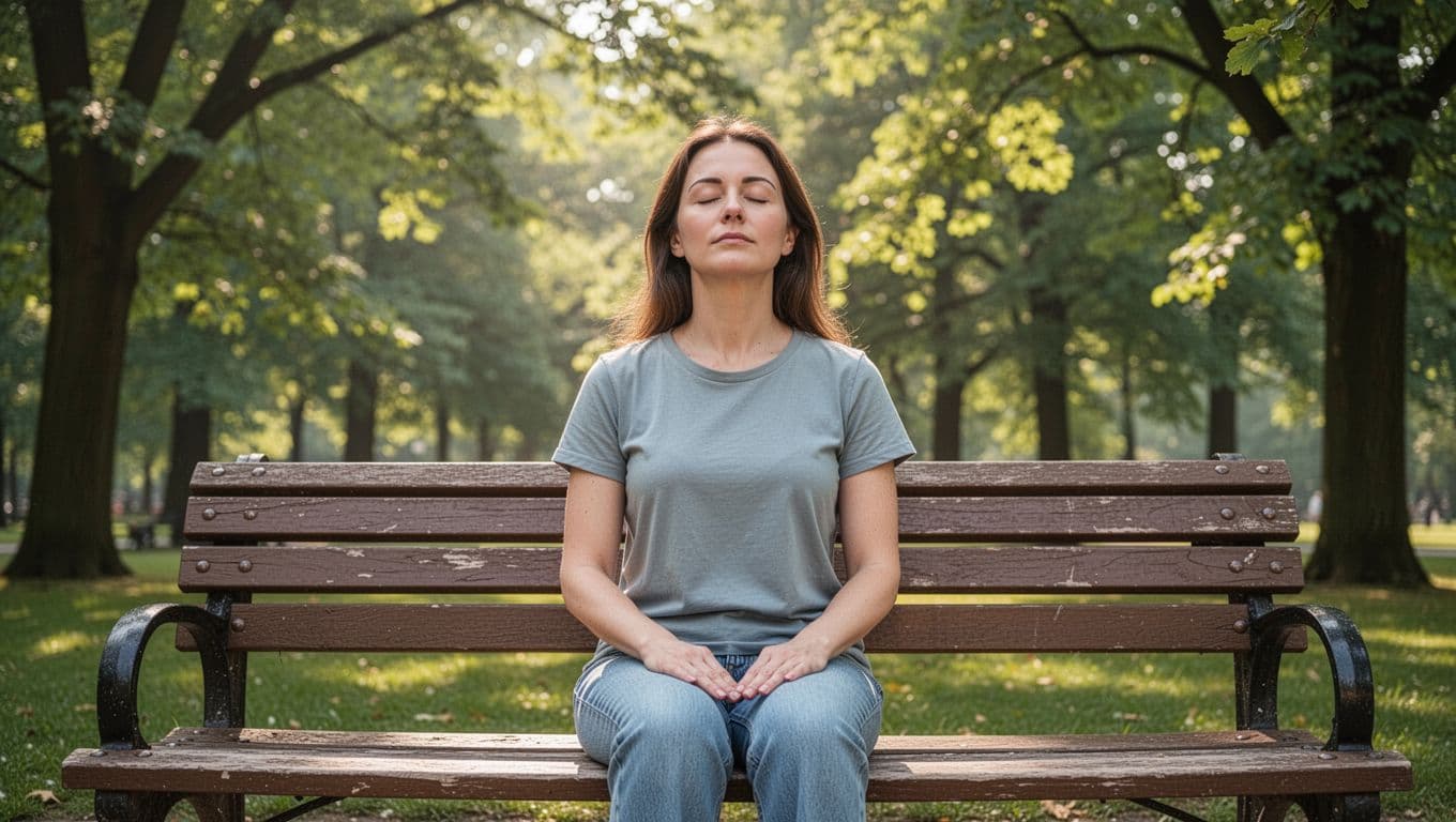 Calm woman in casual clothes sitting on a wooden park bench with eyes closed practising deep breathing, hands relaxed on lap, lush green trees and soft sunlight filtering through leaves in background, serene peaceful atmosphere.