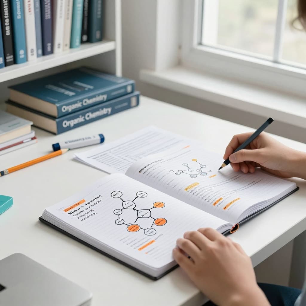 Clean, high-resolution educational infographic showing a student's desk setup for studying chemistry, featuring an open notebook with hand-drawn reaction map from alkanes to alkenes via cracking, marked-up past exam paper, highlighter, pencil, and two relaxed hands. Background includes a bookshelf with chemistry books and a daylight window, in a modern photo-realistic style with soft navy/teal tones and orange highlights.