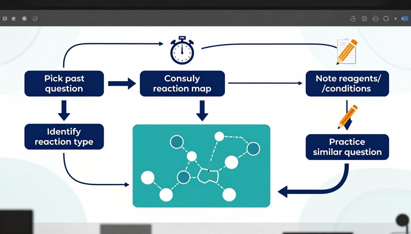 Clean high-resolution educational infographic in landscape ratio showing a flowchart for chemistry study: pick past question, identify reaction type, consult reaction map, note reagents, practice similar, with loop back. Includes timer, pencil, notebook icons and reaction map snippet on white background with blueprint lines.