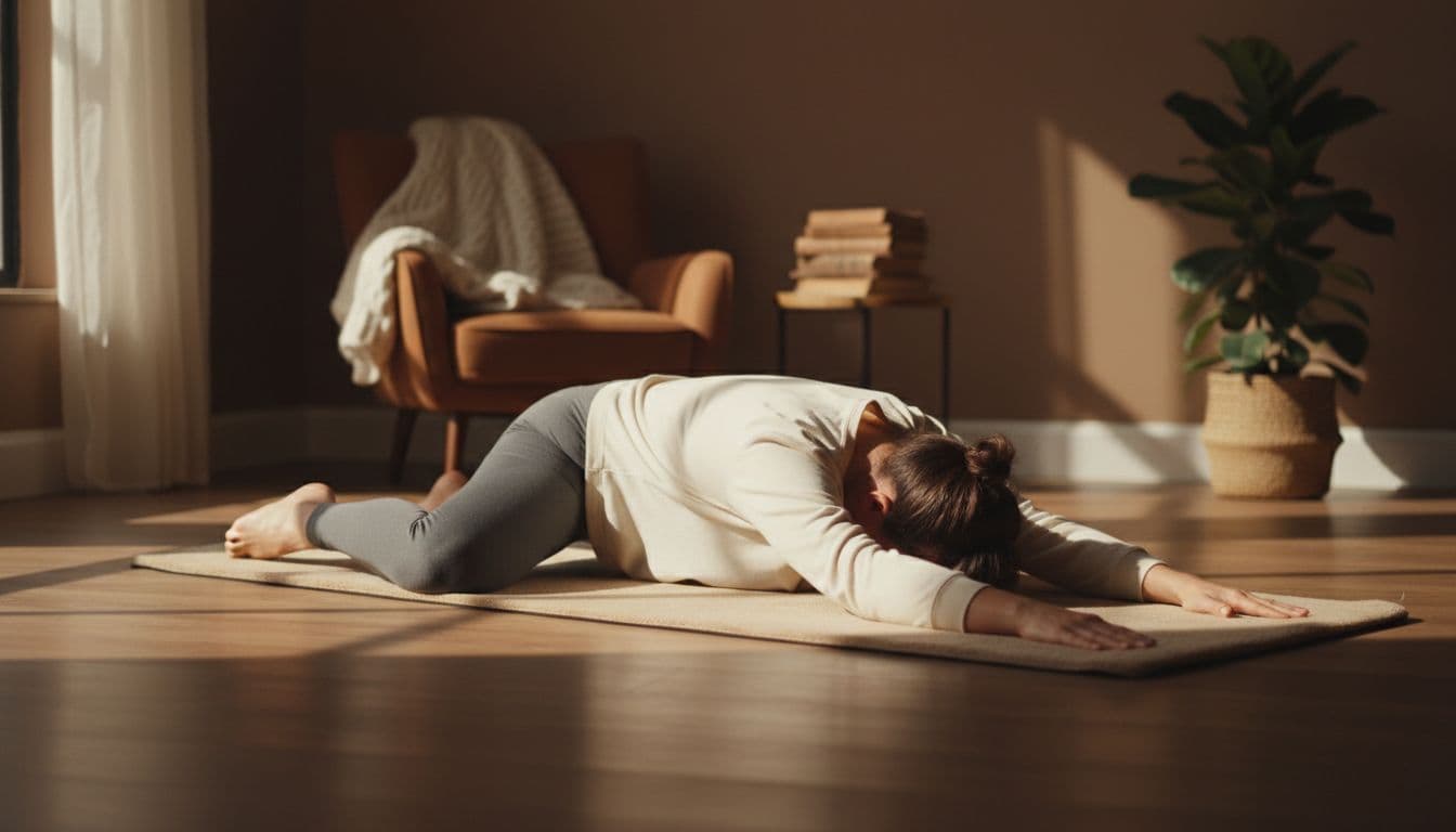 Solo adult in comfortable activewear practices child's pose on a soft yoga mat in a cozy home room with warm natural light, knees wide, arms stretched forward, forehead on mat, relaxed shoulders and peaceful closed-eye expression.