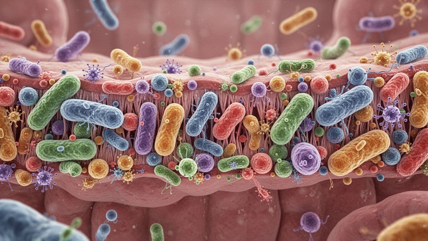 Microscopic close-up of diverse colourful gut microbiome bacteria and microbes clustered along the intestinal lining surface, showing interactions and structures in an educational biology illustration style with vibrant colours.