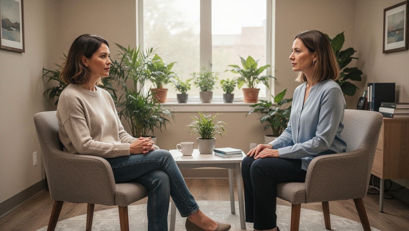 A realistic photo of a comfortable therapy office interior with one therapist and one client seated facing each other across a small table; client relaxed with hands in lap, therapist attentive, soft daylight from window with plants in background.