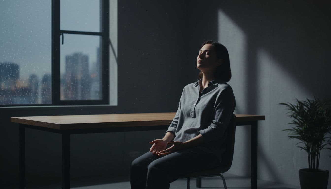 A single person seated at a simple desk in a dimly lit office, eyes closed and breathing deeply with relaxed shoulders and hands resting loosely on their lap, showing a calm expression after tension, illuminated by soft window light creating dramatic shadows in cinematic style.