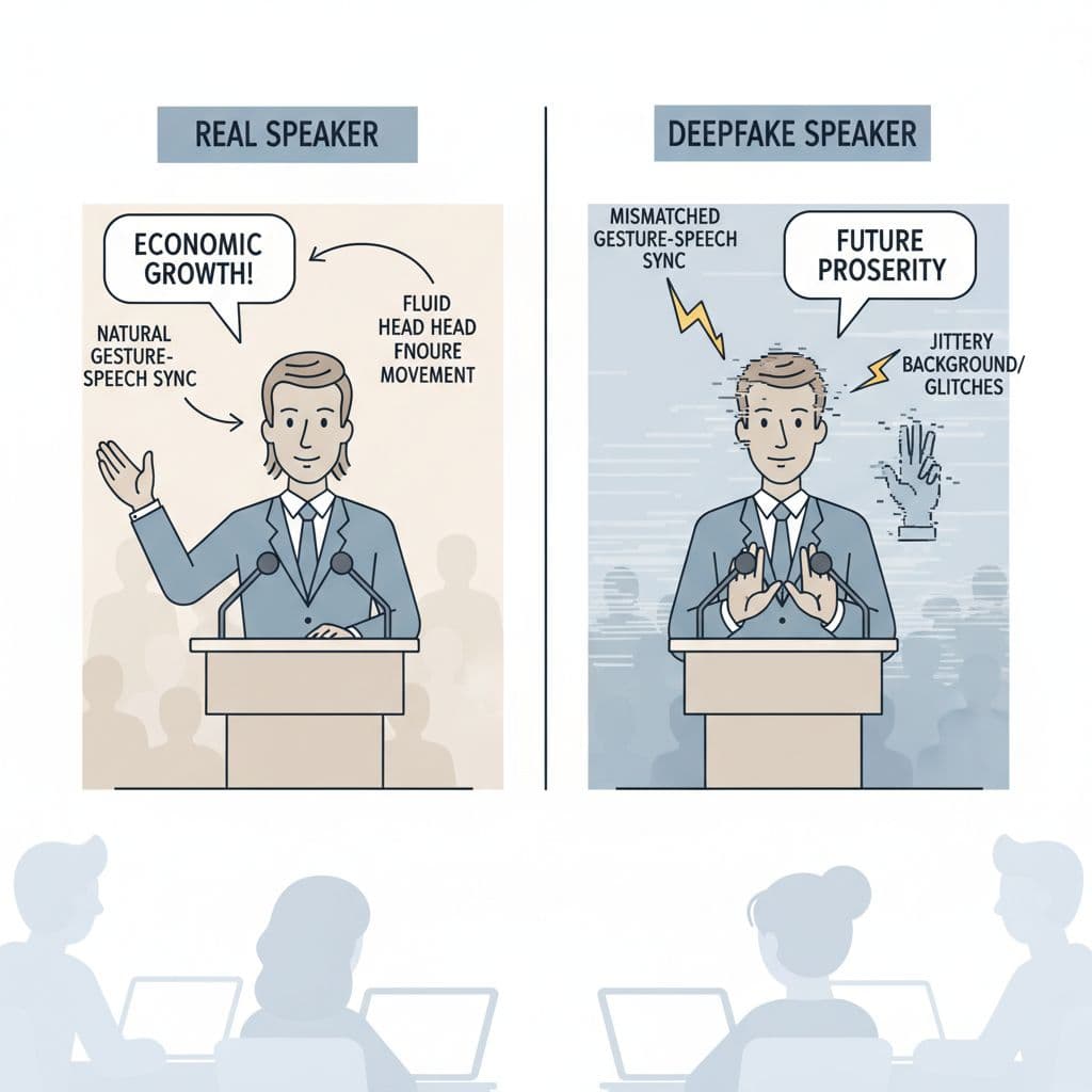 Educational infographic comparing real and deepfake speakers during political speeches, highlighting natural vs. stiff hand gestures, mismatched movements, jittery backgrounds, and labeled anomalies.