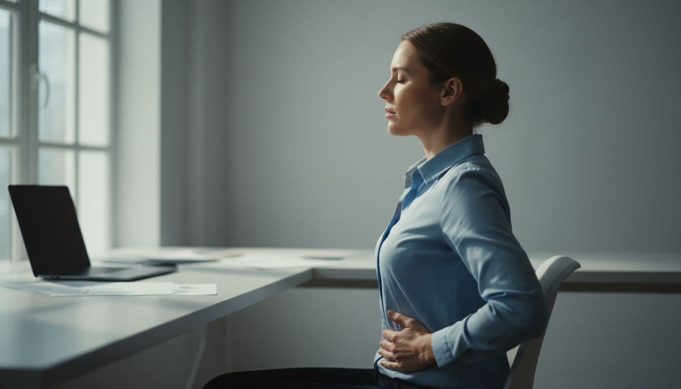 Side profile of an adult desk worker in a bright office, sitting upright with perfect posture, hand on lower abdomen performing deep diaphragmatic breathing, eyes closed in focus amid cinematic lighting and blurred desk background.