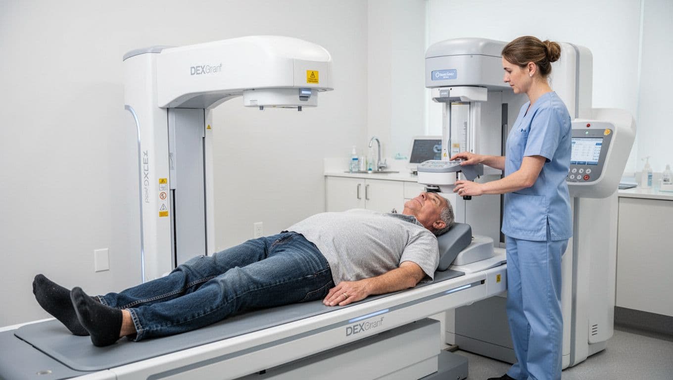 Middle-aged adult lying comfortably on a DEXA body composition scanner table in a bright clinic room, with a technician standing nearby adjusting controls.
