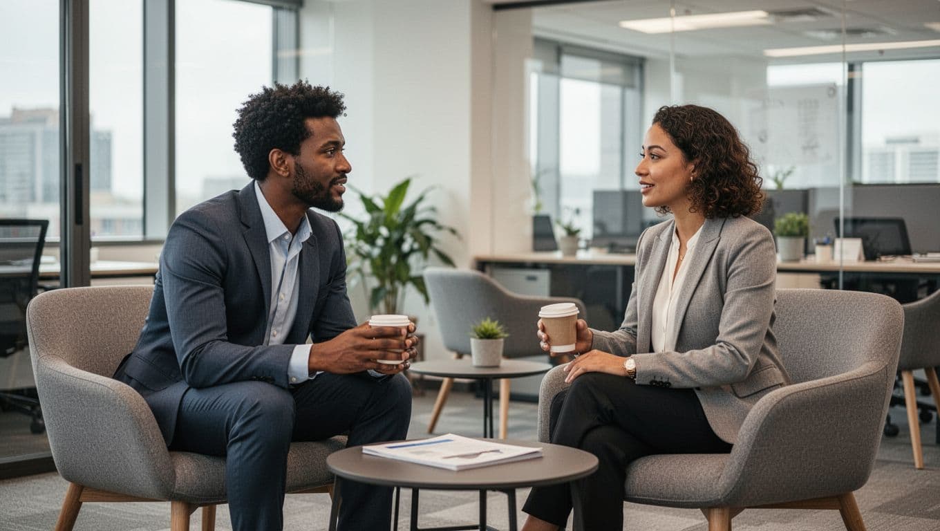 Two diverse professionals chat supportively over coffee in a quiet modern office lounge, one listening attentively with relaxed expressions under soft natural light, emphasizing connection.