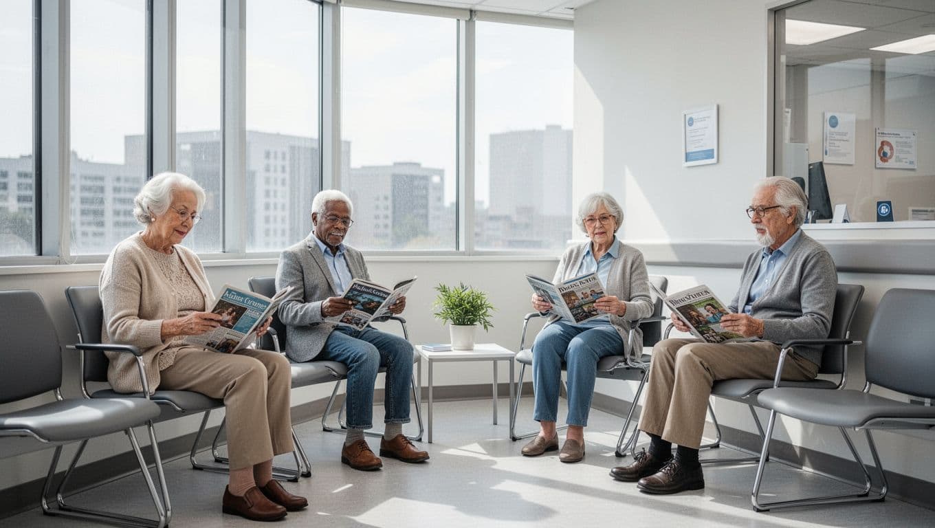 A diverse group of four seniors aged 65-79 sits relaxed in a modern medical clinic waiting area, holding magazines, with bright window light filtering in, photorealistic style.