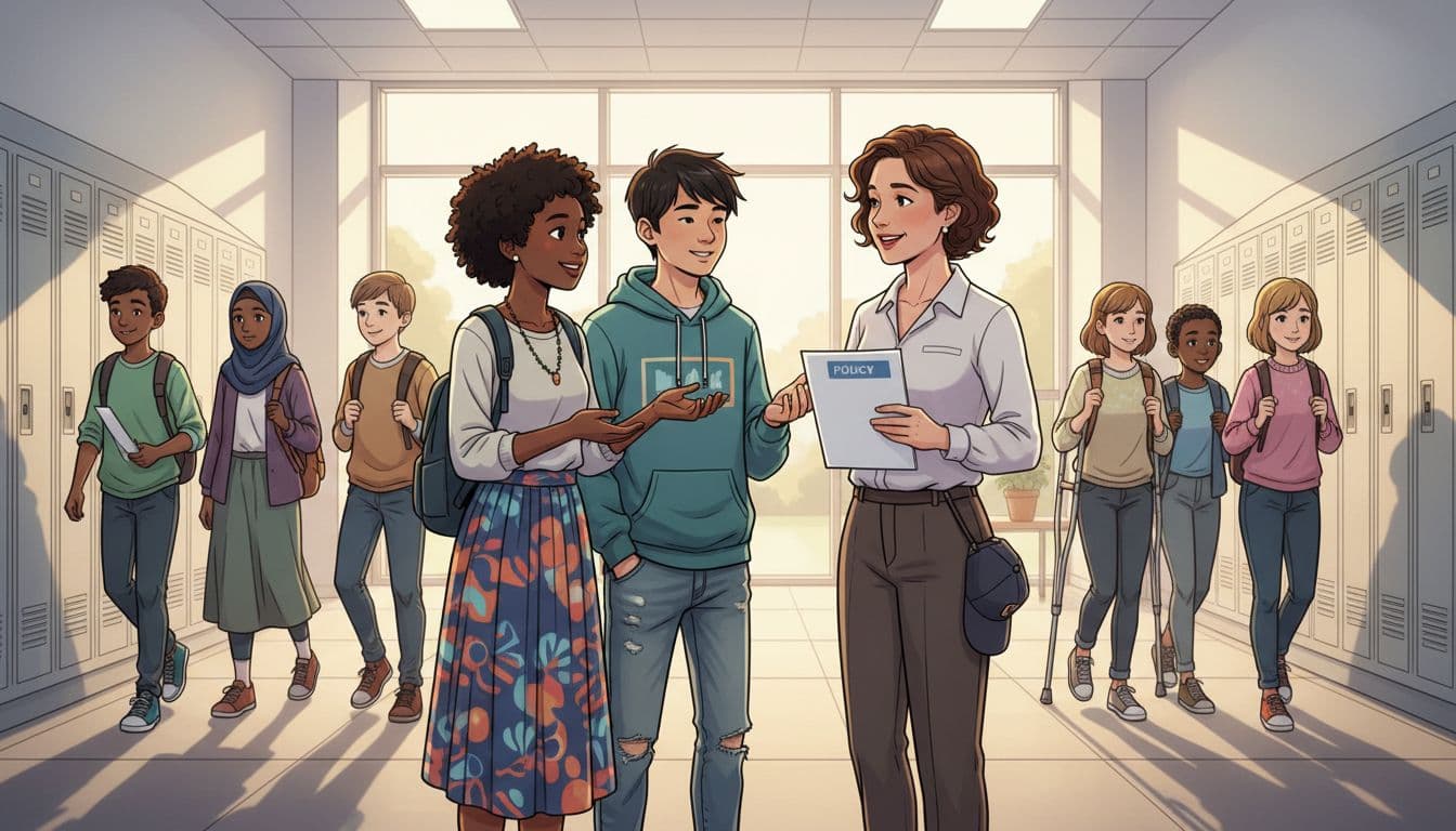 Diverse students talking with a teacher about school dress code rules in a school hallway