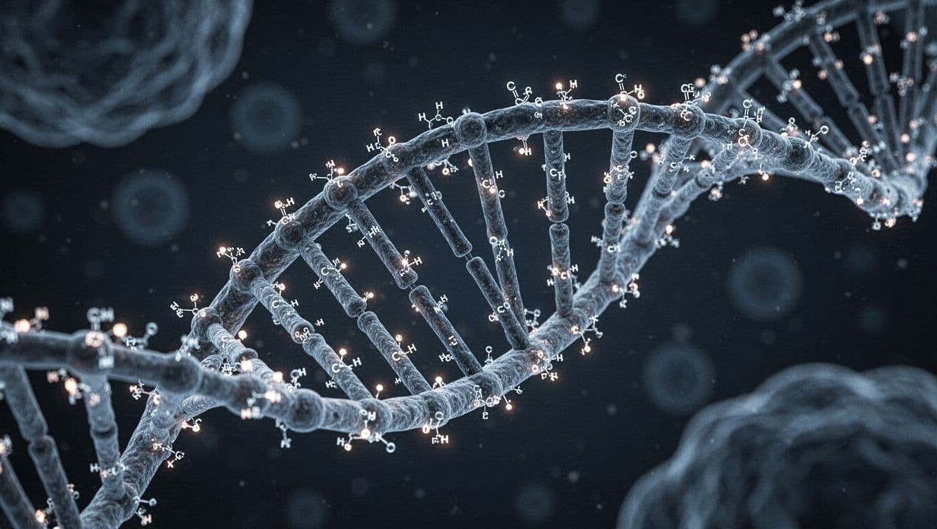 A detailed scientific illustration of a DNA double helix strand with small methyl groups attached as glowing chemical tags on cytosine bases, against a dark microscopic background with soft blue lighting.