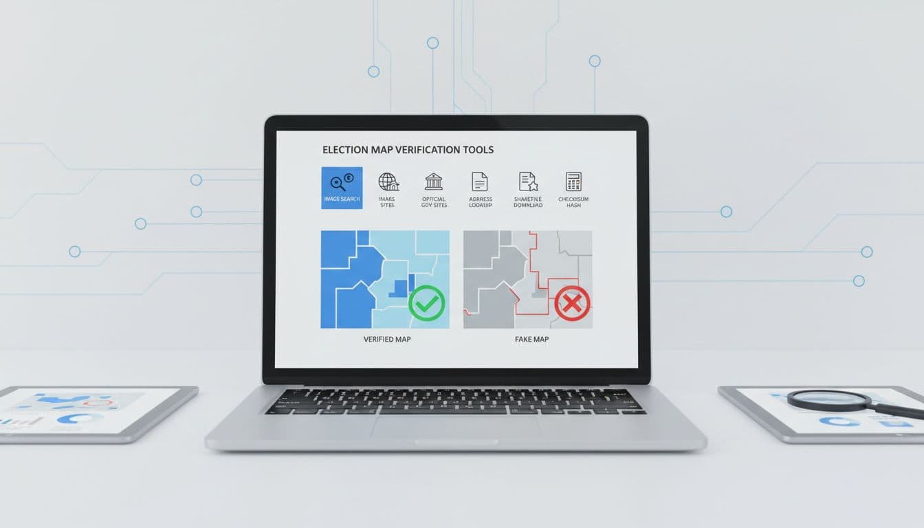 Editorial infographic on a laptop screen displaying a toolbox dashboard with icons for Google reverse image search, official government websites, FEC address lookup, shapefile downloads, and checksum calculators to verify election maps. Side-by-side maps show verified (green check) and fake (red cross) examples in a clean, flat design with neutral blues and greys.