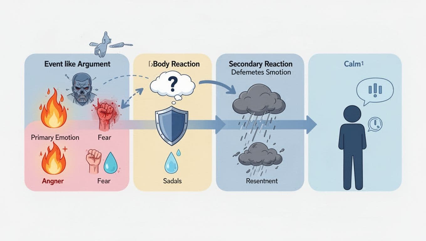 Illustration of emotional response timeline from triggering event with primary emotions like anger, fear, sadness, to secondary reactions like defensiveness, resentment, and choosing calm response with pause symbol. Clean infographic style in soft pastel colors, horizontal composition with silhouettes only.