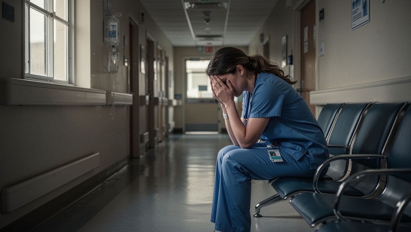 Exhausted female nurse in blue scrubs sits alone on a hospital waiting room chair with head in hands, looking drained after a long shift under dim corridor lighting.
