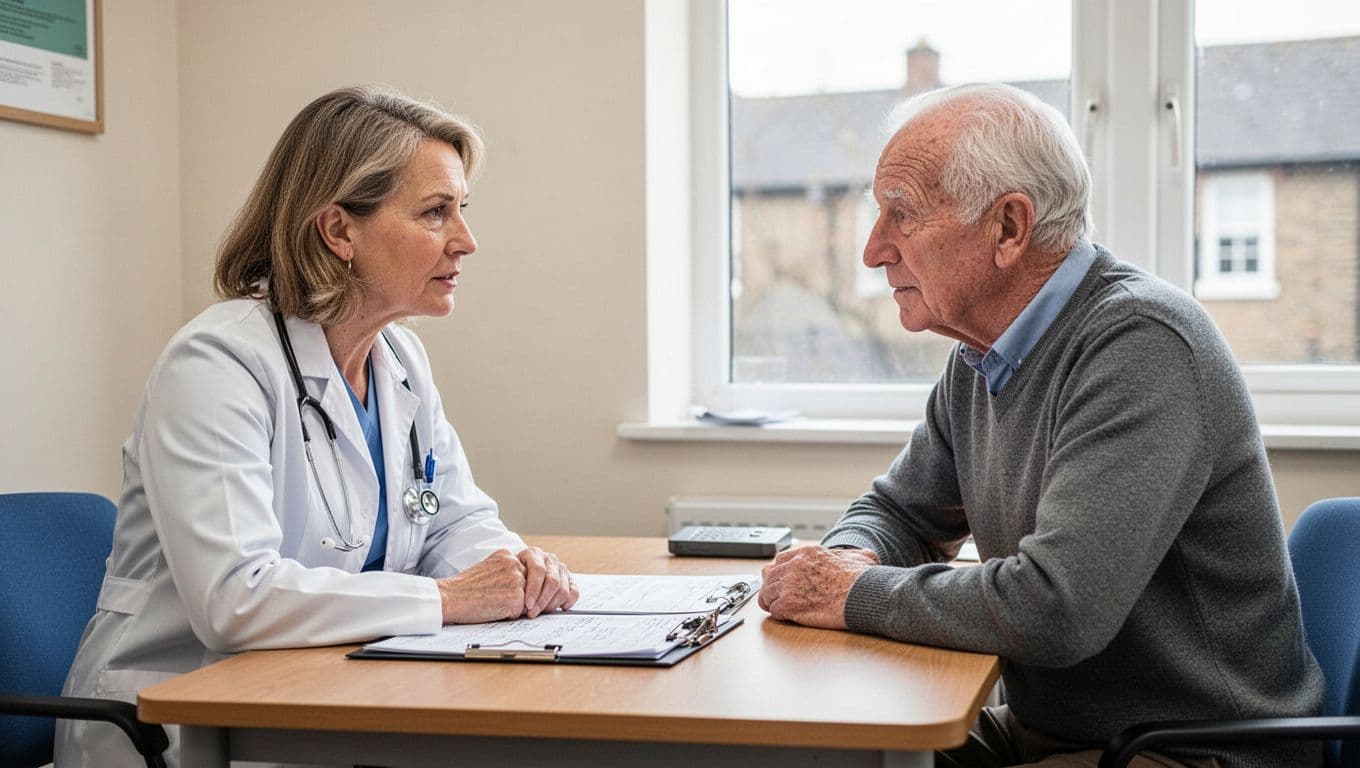 A middle-aged female GP in a white coat leans forward discussing with a 70-year-old male patient across a desk in a bright consultation room, open medical chart between them under natural window light.