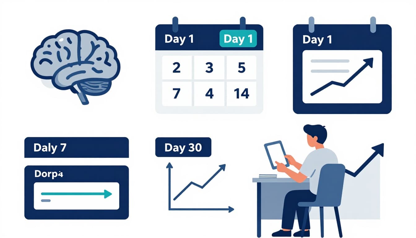 Clean, modern flat vector infographic showing a student at a desk reviewing flashcards with active recall, brain icon, spaced repetition timeline (Day 1, 3, 7, 14, 30), Leitner system boxes, and upward-trending exam scores graph.