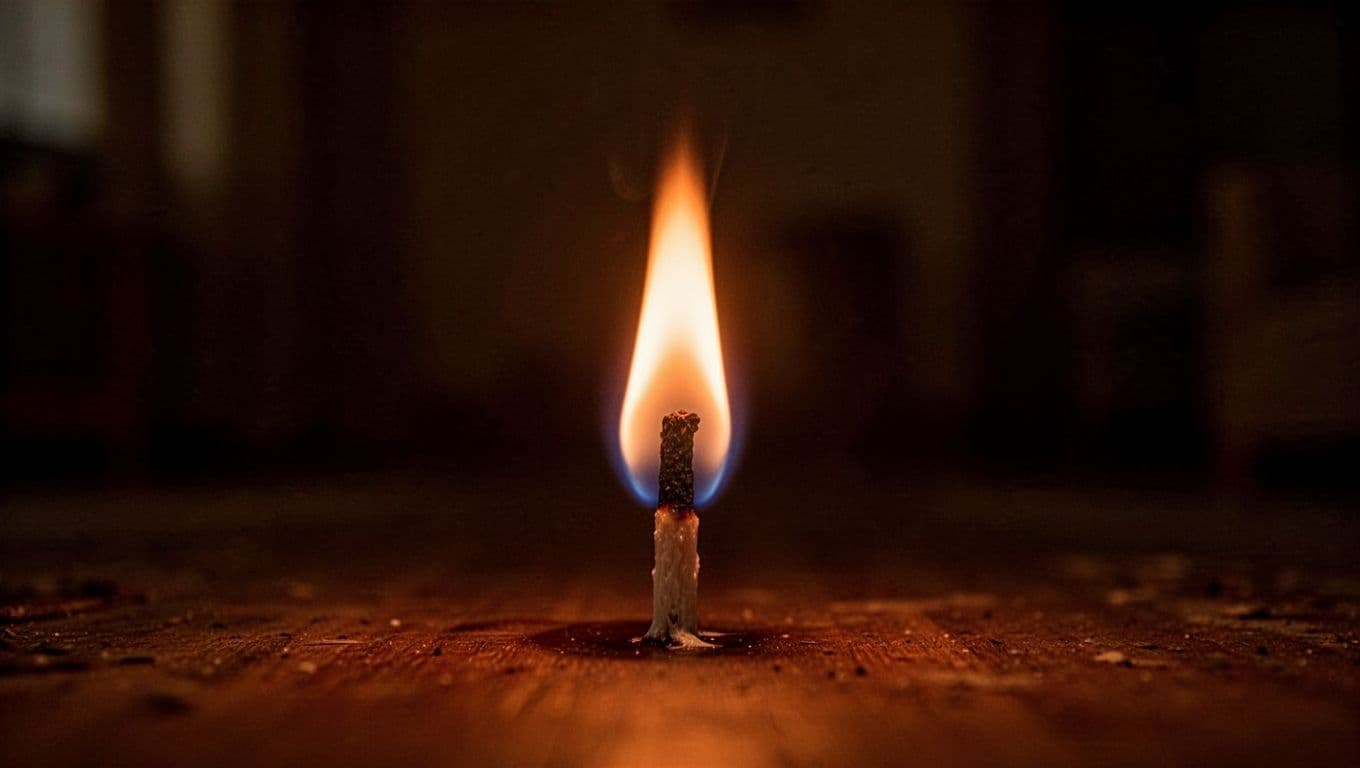 A small, gently flickering orange flame burns steadily on a simple wick in a dark, cozy room, illuminated solely by its soft warm glow with high detail shadows.