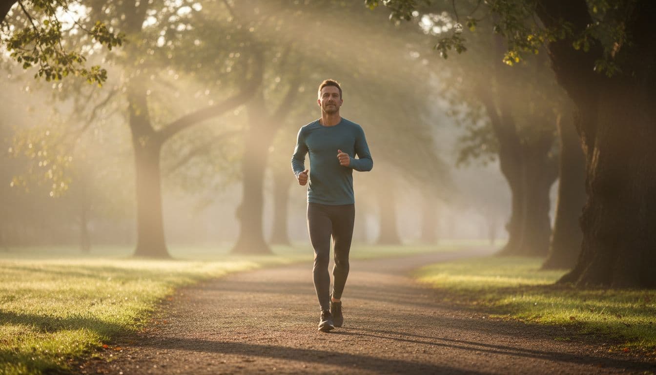 A single adult professional in athletic clothes jogging calmly on a misty park path at sunrise, with warm golden sunlight filtering through trees, cinematic style emphasizing strong contrast and depth of field.