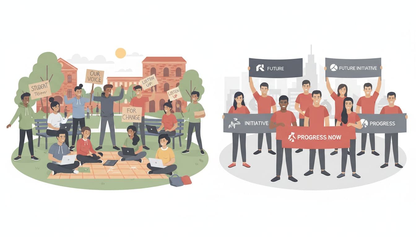 Educational illustration comparing a genuine student-led grassroots protest on the left with a fake corporate-funded astroturf campaign on the right, using flat design with contrasting colors and styles.