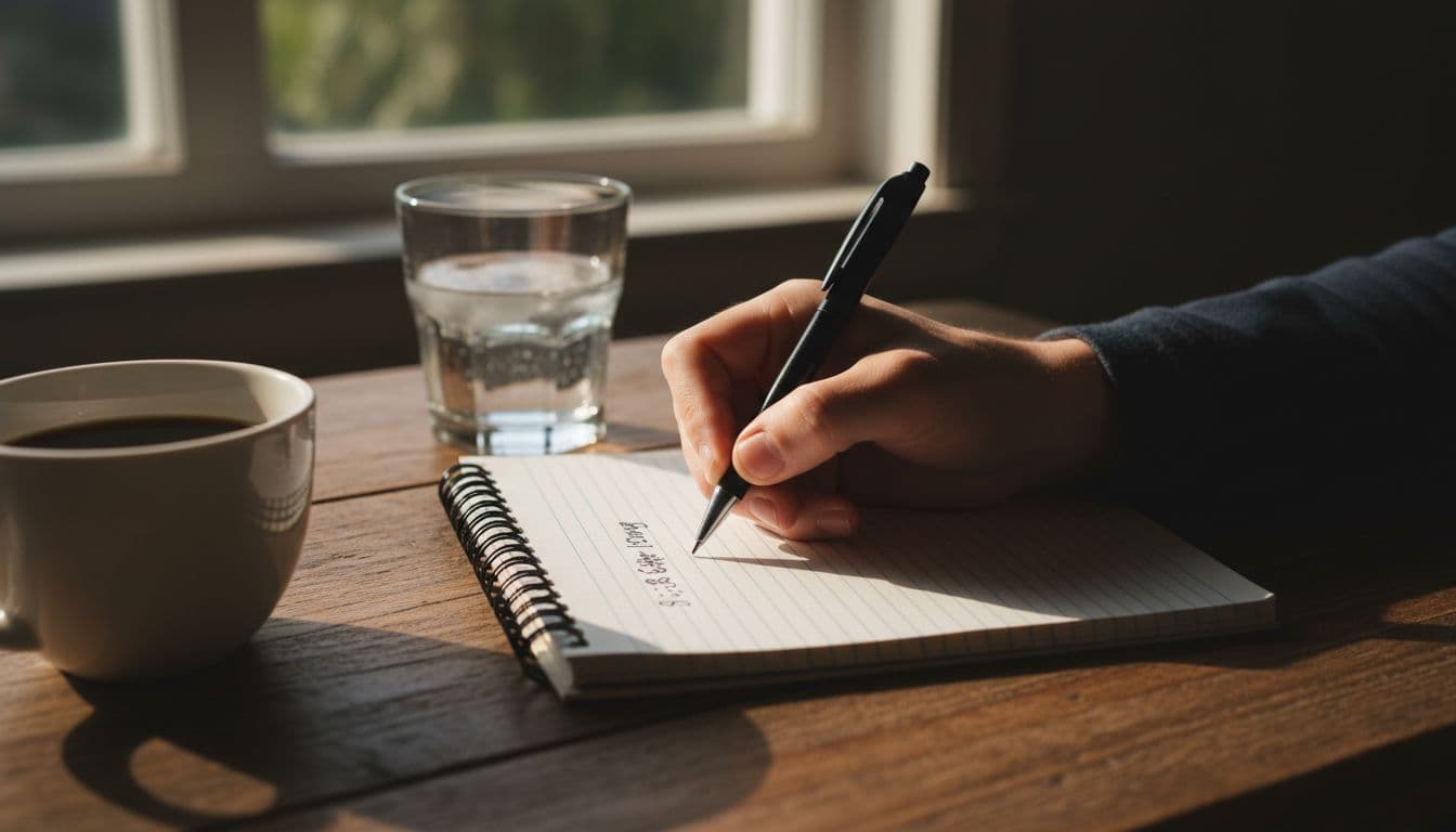 Close-up of a hand writing '9:30am Coffee 100mg' in a simple lined journal on a wooden table, with a black pen in relaxed grip, half-full coffee mug and glass of water nearby, soft morning light, dramatic cinematic style.