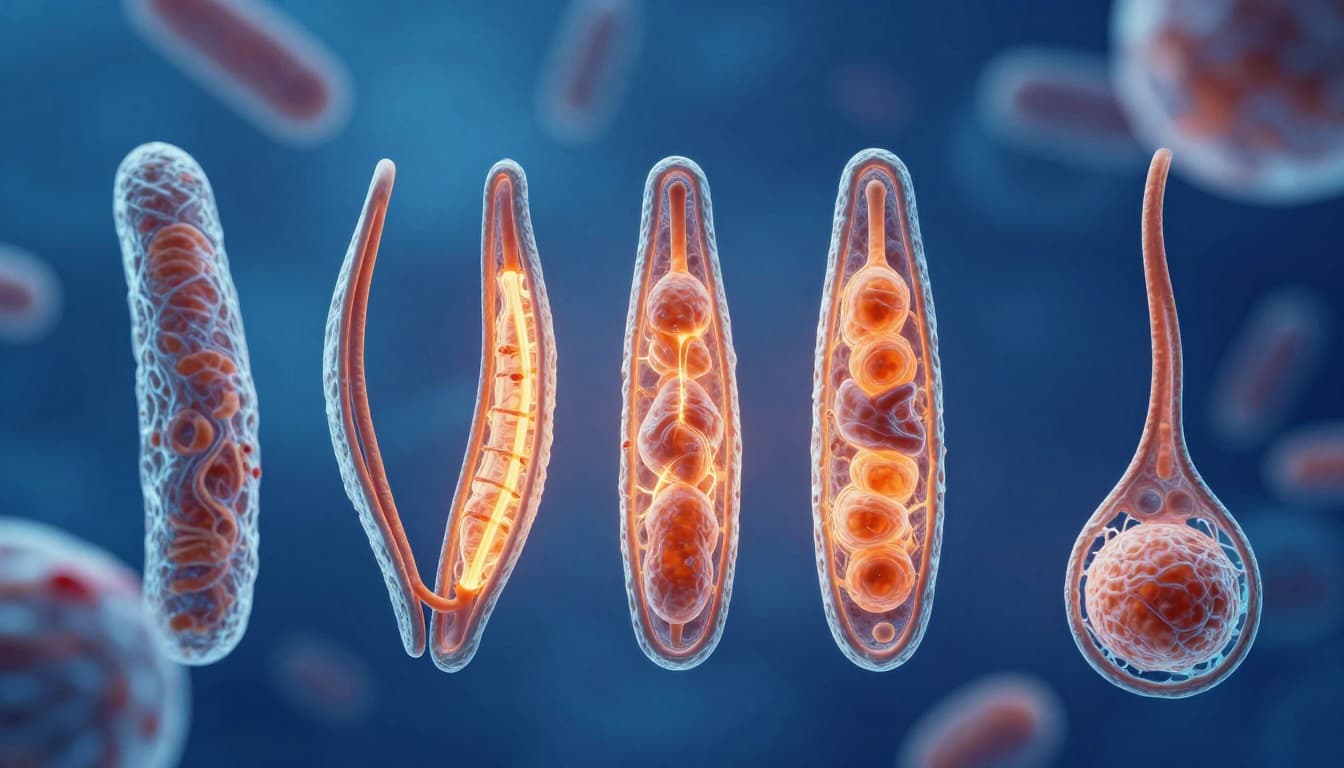 Detailed scientific illustration of exactly four healthy, elongated rod-shaped mitochondria with inner folds inside human muscle cells, glowing with energy production in vibrant blues and oranges.